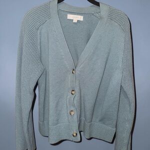 LOFT Soft Blue Knit V-Neck Button Front Cardigan | Size Large